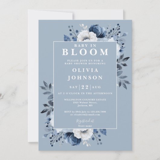Baby in Bloom Dusty Blue Modern Floral Baby Dusche Einladung (Vorderseite)