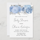 Baby in Bloom Dusty Blue Peony Baby Shower Einladung (Vorderseite)