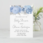 Baby in Bloom Dusty Blue Peony Baby Shower Einladung (Stehend Vorderseite)