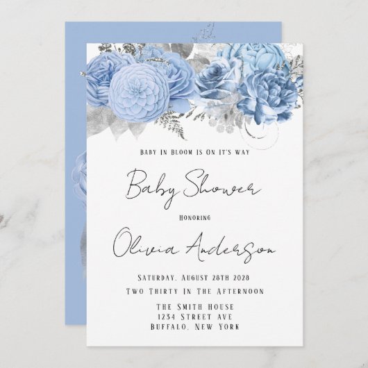 Baby in Bloom Dusty Blue Peony Baby Shower Einladung (Vorne/Hinten)