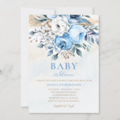 Baby in Bloom Dusty Blue Rose Elegant Baby Dusche Einladung (Vorderseite)
