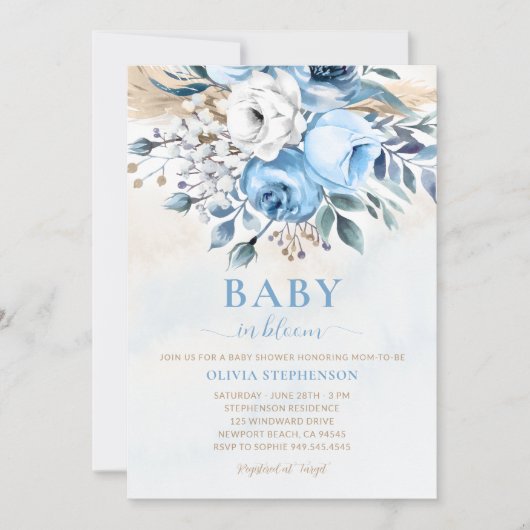 Baby in Bloom Dusty Blue Rose Elegant Baby Dusche Einladung (Vorderseite)