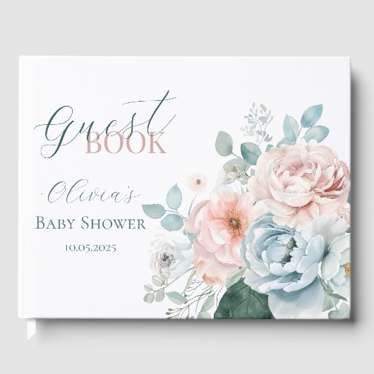 Baby in Bloom Dusty Blue Watercolor Babydusche Gästebuch (Vorderseite)