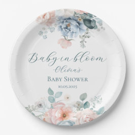Baby in Bloom Dusty Blue Watercolor Babydusche Pappteller