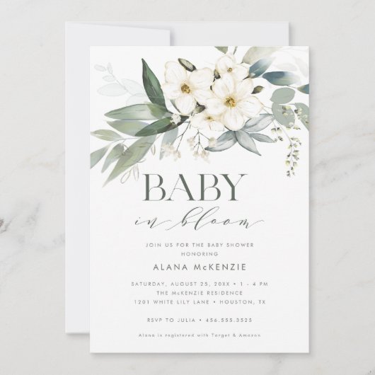 Baby in Bloom Elegant Greenerity Baby Shower Einladung (Vorderseite)
