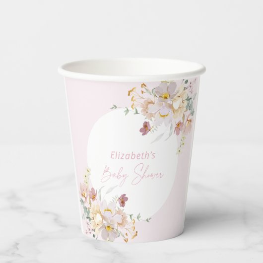 Baby in Bloom Elegant Pink Floral Baby Dusche Pappbecher (Rückseite)