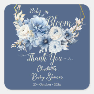 Baby In Bloom Elegante blaue Blumen Babyparty Quadratischer Aufkleber