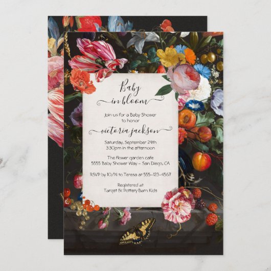 Baby in Bloom Elegante Blumenbaby-Dusche Einladung (Vorne/Hinten)