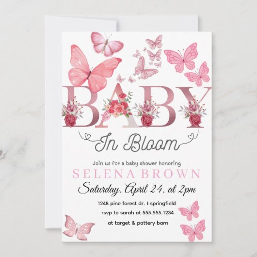 BABY In Bloom – Elegante Schmetterlings-Babyshower Einladung (Vorderseite)
