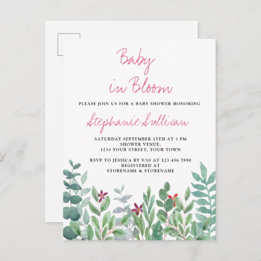 Baby in Bloom Eucalyptus Greenery Baby Shower Ankündigungspostkarte (Vorne/Hinten)