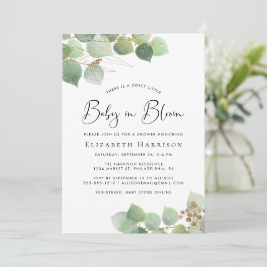 Baby in Bloom Eukalyptus Aquarelldusche Einladung (Stehend Vorderseite)