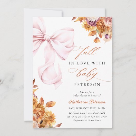 Baby in Bloom FALL Pink Bow Kinderdusche Einladung (Vorderseite)
