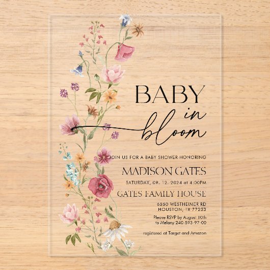 Baby in Bloom floral Acrylic Einladung (Vorderseite)