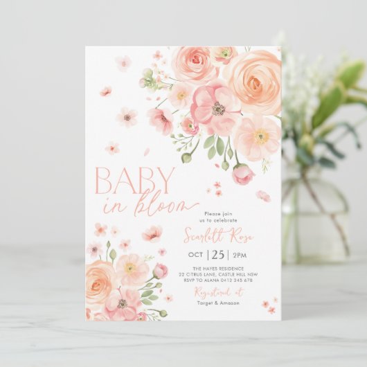 Baby in Bloom Floral Baby Dusche Pink Einladung (Stehend Vorderseite)