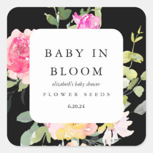Baby in Bloom Floral Baby Dusche schwarz Quadratischer Aufkleber