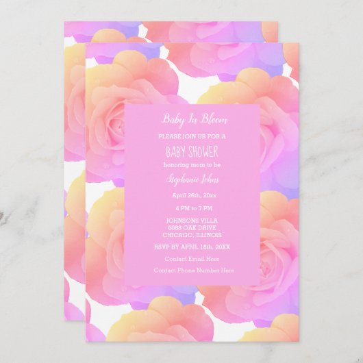 Baby in Bloom Floral Baby Duschmädchen Rosa Rose Einladung (Vorne/Hinten)