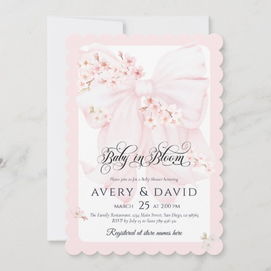 Baby in Bloom Floral Bow Spring Girl Baby Dusche Einladung (Vorderseite)