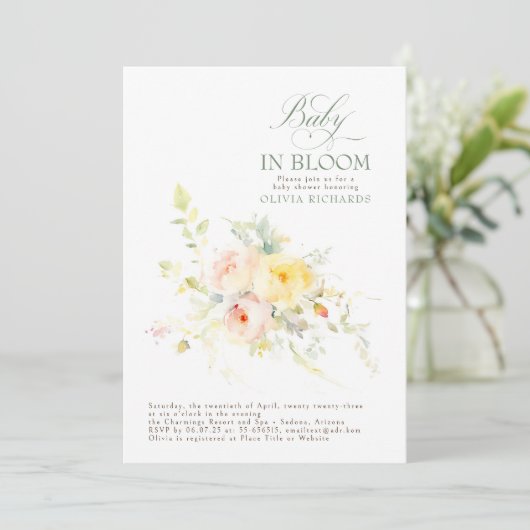 Baby in Bloom Floral Elegante Babydusche Einladung (Stehend Vorderseite)