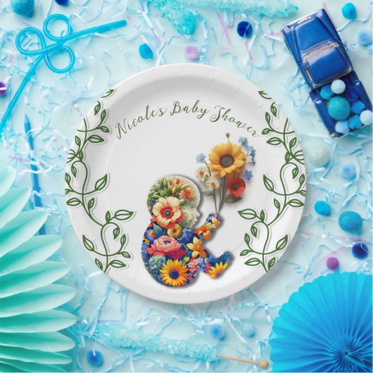 Baby in Bloom Floral Vine Leaf Babydusche Pappteller (Party)
