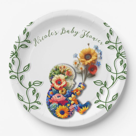 Baby in Bloom Floral Vine Leaf Babydusche Pappteller (Vorderseite)