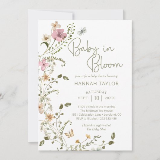 Baby in Bloom Floral Wildblume Babydusche Einladung (Vorderseite)