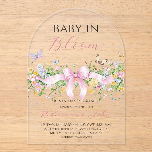 Baby in Bloom Floral Wildblume Bow Baby Dusche Acryleinladungen (Vorderseite)