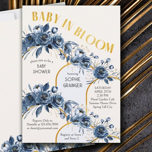Baby in Bloom Gold Arch Blue Rose Baby Dusche Einladung