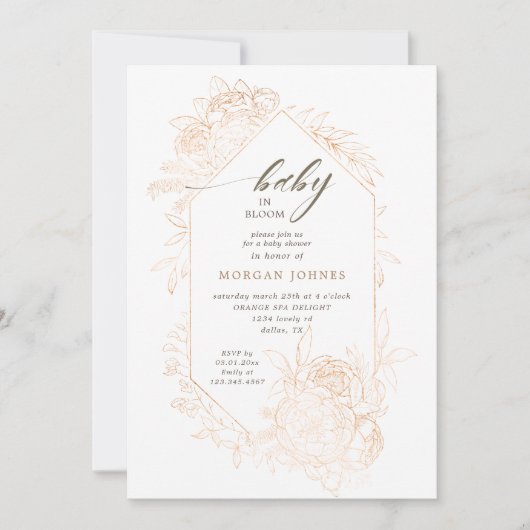 Baby in Bloom Gold Blumendusche Einladung (Vorderseite)