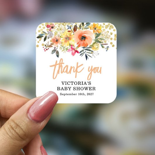 Baby in Bloom Gold Orange Baby Dusche Quadratischer Aufkleber