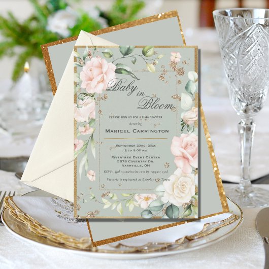 Baby in Bloom Green Floral Elegante Babydusche Einladung