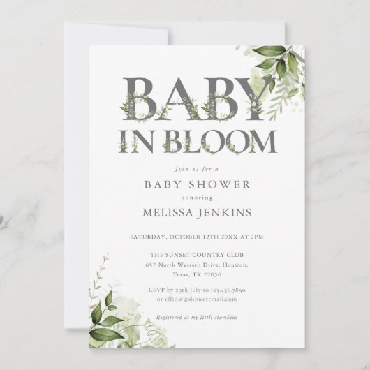 Baby in Bloom Greenery Bloral Baby Dusche Einladung (Vorderseite)
