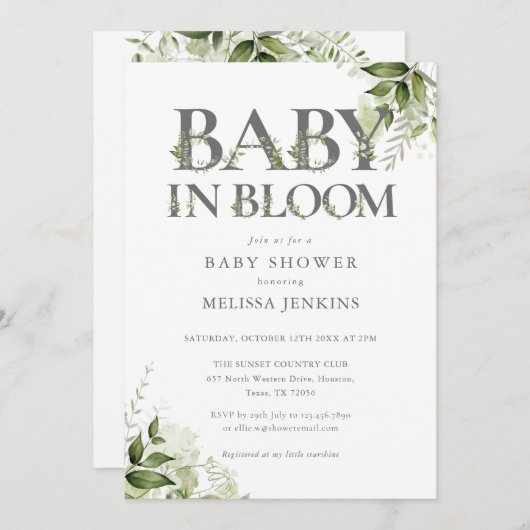 Baby in Bloom Greenery Bloral Baby Dusche Einladung (Vorne/Hinten)