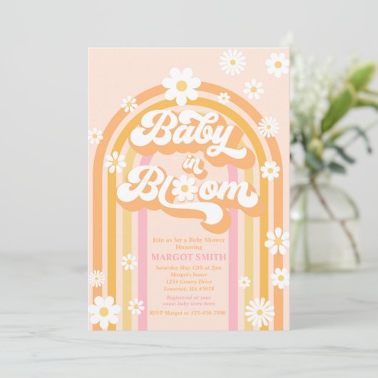 Baby in Bloom Groovy Daisy Rainbow Baby Dusche Einladung (Stehend Vorderseite)