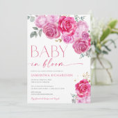 Baby in Bloom heiß rosa fuchsienfarbenes Blumenmäd Einladung (Stehend Vorderseite)