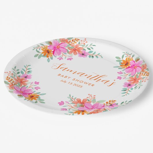 Baby in Bloom helle Sommerdusche Pappteller (Schrägansicht)