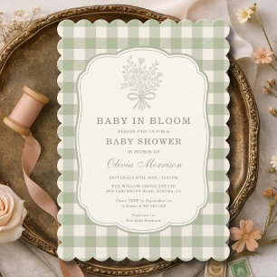 Baby in Bloom Hellgrün kariert Baby Shower Einladung