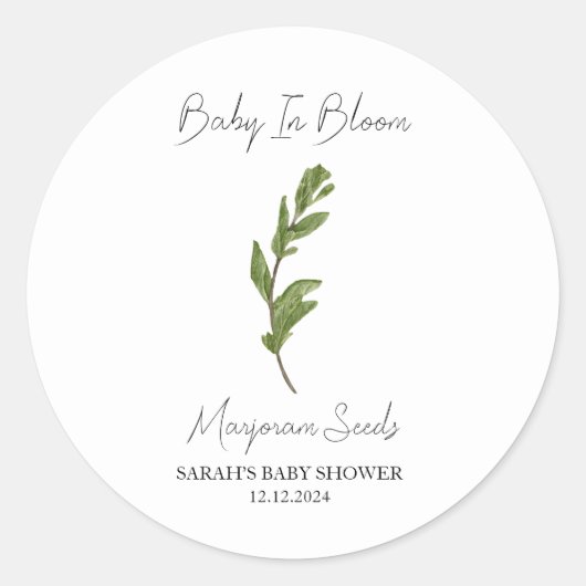 Baby in Bloom l Marjoram Seeds Baby Dusche Runder Aufkleber (Vorderseite)