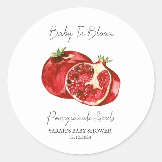 Baby in Bloom l Pomegranate Seeds Baby Dusche Runder Aufkleber (Vorderseite)