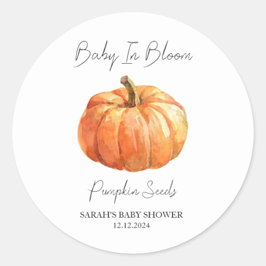 Baby in Bloom l Pumpkin Seeds Baby Dusche Runder Aufkleber (Vorderseite)