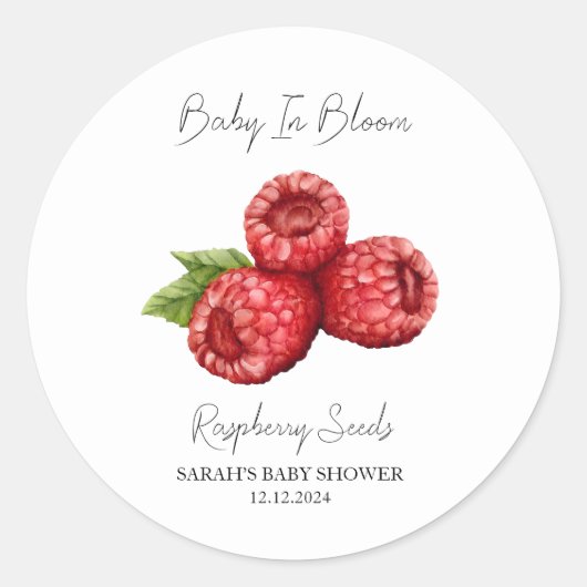 Baby in Bloom l Raspberry Samen Baby Dusche Runder Aufkleber (Vorderseite)