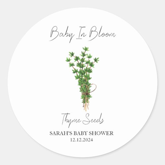 Baby in Bloom l Thyme Seeds Baby Dusche Runder Aufkleber (Vorderseite)