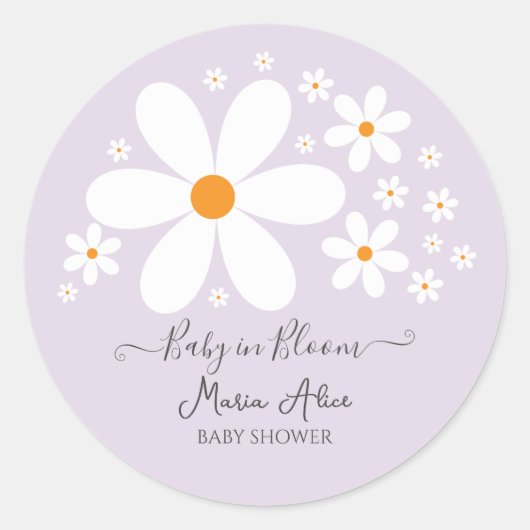 Baby in Bloom Lila Daisy Baby Shower Runder Aufkleber (Vorderseite)