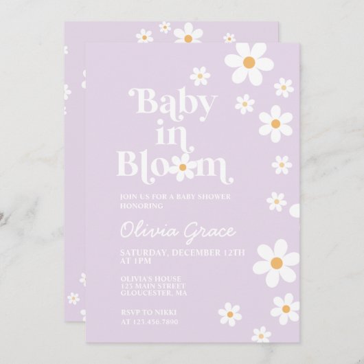 Baby in Bloom lila Daisy Kinderdusche Einladung (Vorne/Hinten)