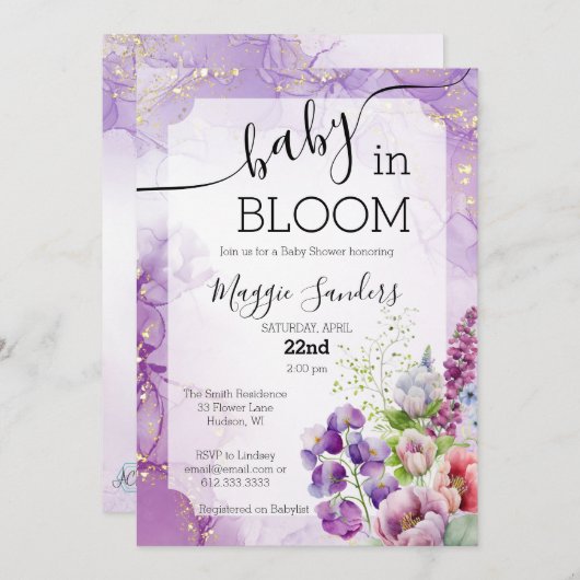 Baby in Bloom Lila Floral Baby Dusche Einladung (Vorne/Hinten)