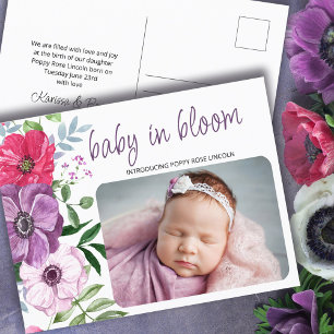 Baby in Bloom Lila Rosa Blumen Foto Geburt Ankündigungspostkarte