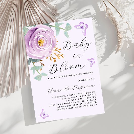 Baby in Bloom lila Rose Schmetterling Kinderdusche Einladung
