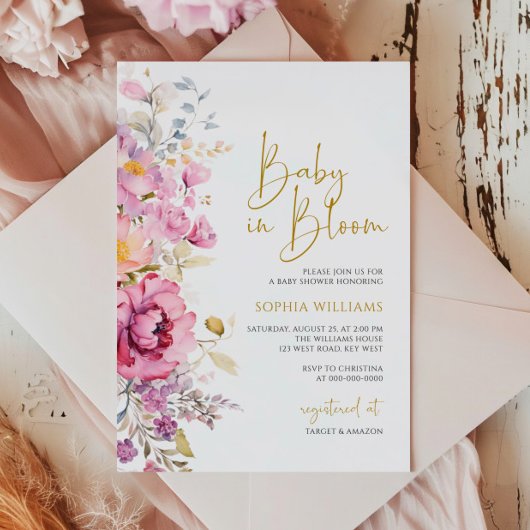 Baby in Bloom Lila Wildblumen Kinderdusche Einladung