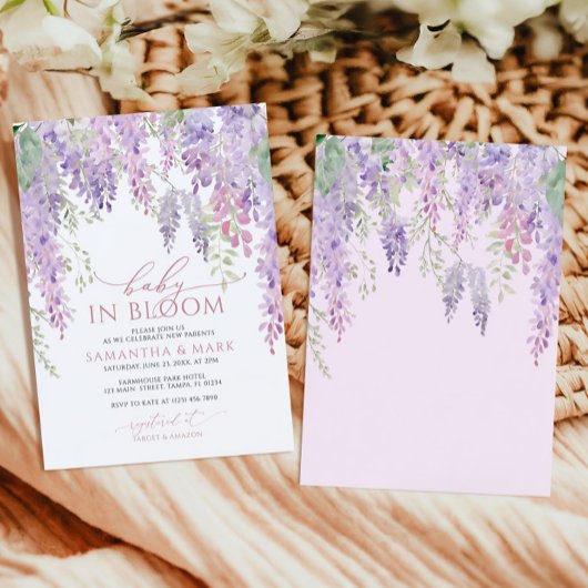Baby in Bloom Lila Wisteria Baby Dusche Einladung