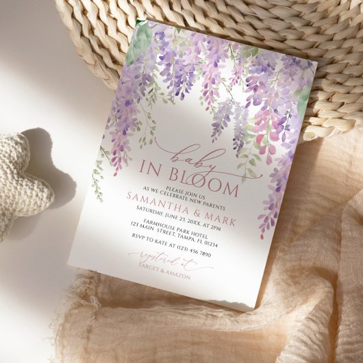 Baby in Bloom Lila Wisteria Baby Dusche Einladung