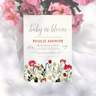 Baby in Bloom   Moderne florale Grünzeug-Babyparty Einladung